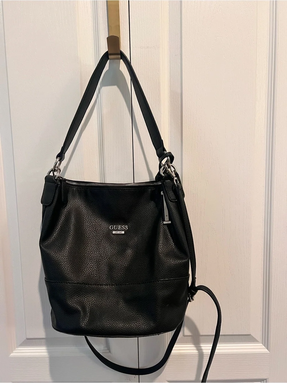 GUESS Black Pebbled Leather Hobo Shoulder Bag with Silver Hardware - Picture 6 of 17